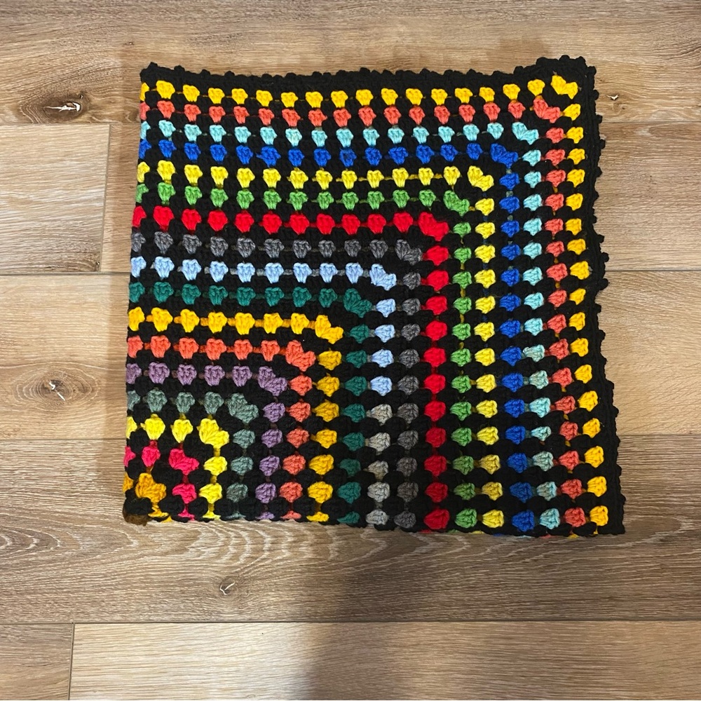 Handmade Crocheted Throw Blanket Black Multi Colored